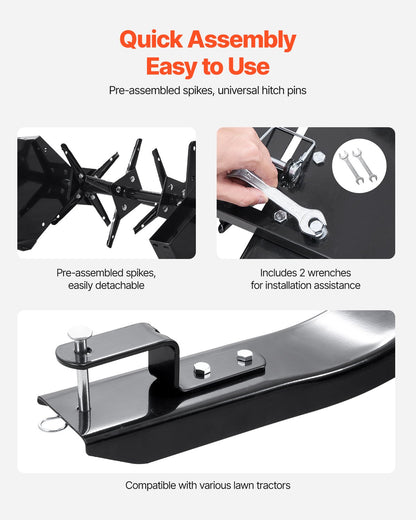 Tow Behind Plug Aerator, 40-Inch Tow Behind Lawn Plug Aerator with Universal Hitch, Pull Behind Aerator with Iron Spikes Alternately Arranged, Lawn Aerator Tow Behind for Gardens, Lawns, Farms