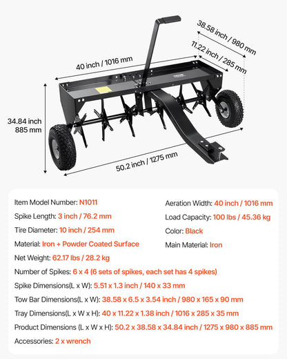 Tow Behind Plug Aerator, 40-Inch Tow Behind Lawn Plug Aerator with Universal Hitch, Pull Behind Aerator with Iron Spikes Alternately Arranged, Lawn Aerator Tow Behind for Gardens, Lawns, Farms