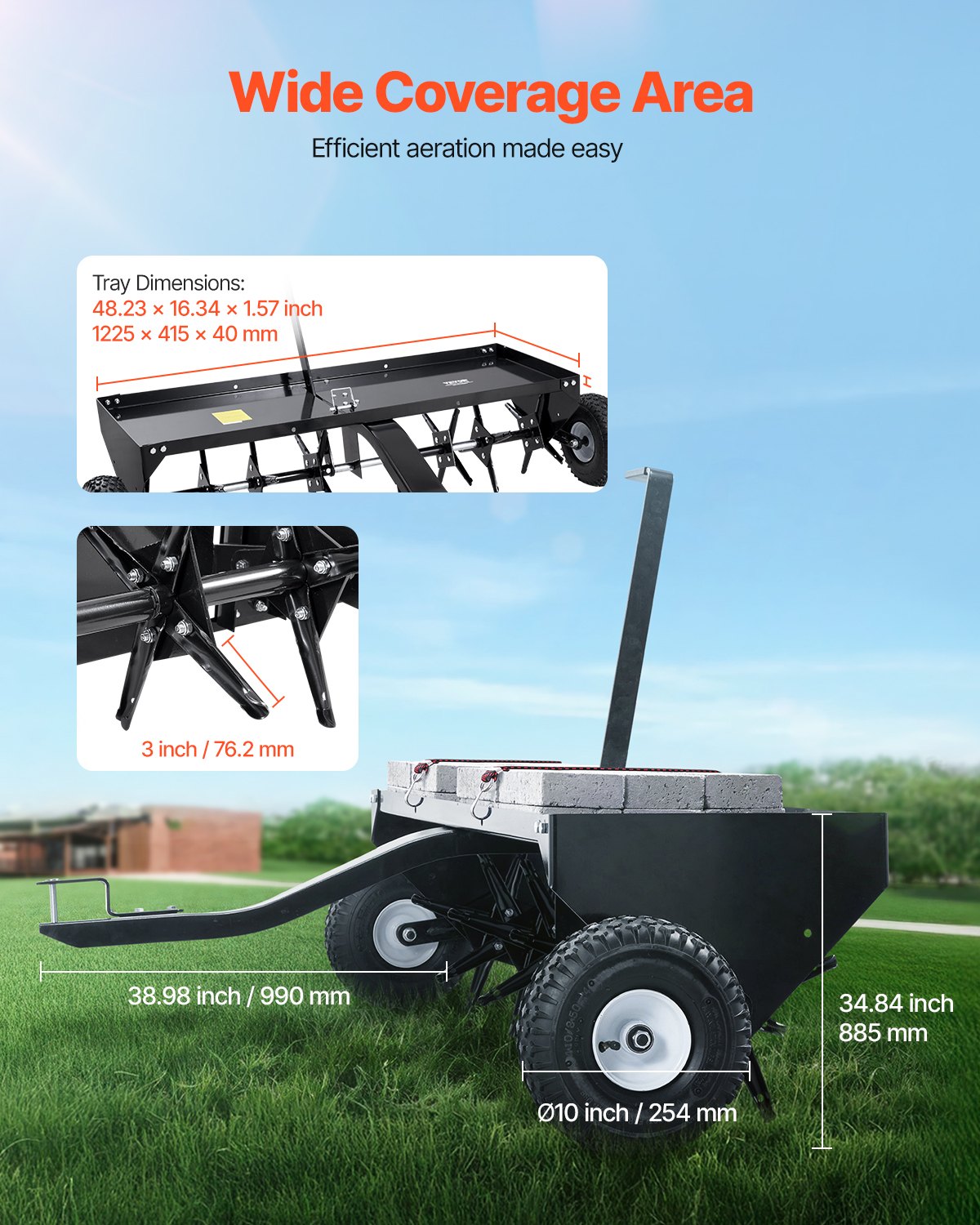 Tow Behind Plug Aerator, 48-Inch Tow Behind Lawn Plug Aerator with Universal Hitch, Pull Behind Aerator with Iron Spikes Alternately Arranged, Lawn Aerator Tow Behind for Gardens, Lawns, Farms