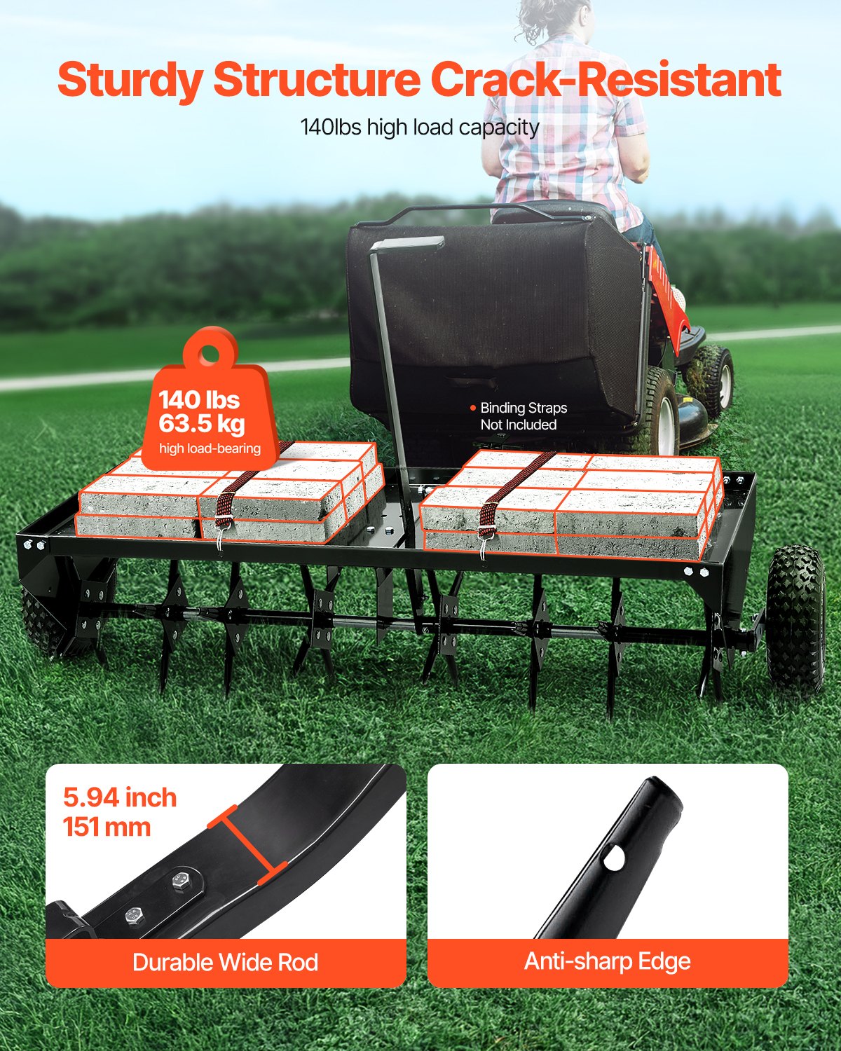 Tow Behind Plug Aerator, 48-Inch Tow Behind Lawn Plug Aerator with Universal Hitch, Pull Behind Aerator with Iron Spikes Alternately Arranged, Lawn Aerator Tow Behind for Gardens, Lawns, Farms