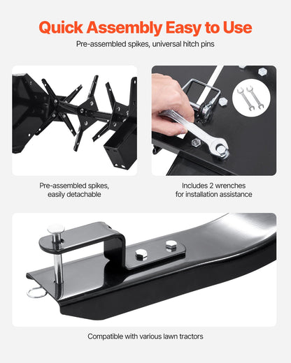 Tow Behind Plug Aerator, 48-Inch Tow Behind Lawn Plug Aerator with Universal Hitch, Pull Behind Aerator with Iron Spikes Alternately Arranged, Lawn Aerator Tow Behind for Gardens, Lawns, Farms