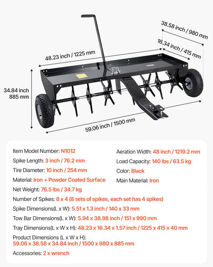 Tow Behind Plug Aerator, 48-Inch Tow Behind Lawn Plug Aerator with Universal Hitch, Pull Behind Aerator with Iron Spikes Alternately Arranged, Lawn Aerator Tow Behind for Gardens, Lawns, Farms