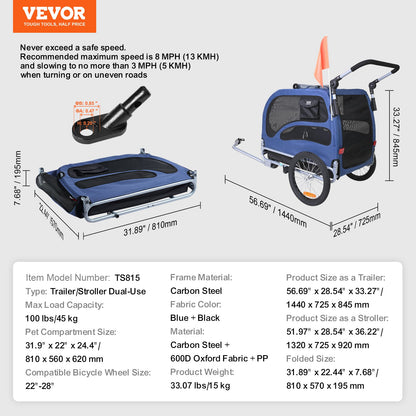 Dog Bike Trailer, Supports up to 100 lbs, 2-in-1 Pet Stroller Cart Bicycle Carrier, Easy Folding Cart Frame with Quick Release Wheels, Universal Bicycle Coupler, Reflectors, Flag, Blue/Black