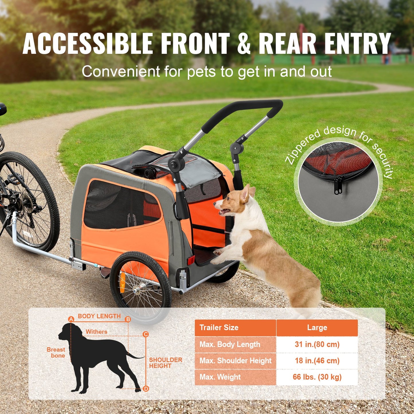 Dog Bike Trailer, Supports up to 66 lbs, 2-in-1 Pet Stroller Cart Bicycle Carrier, Easy Folding Cart Frame with Quick Release Wheels, Universal Bicycle Coupler, Reflectors, Flag, Orange/Gray
