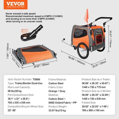 Dog Bike Trailer, Supports up to 66 lbs, 2-in-1 Pet Stroller Cart Bicycle Carrier, Easy Folding Cart Frame with Quick Release Wheels, Universal Bicycle Coupler, Reflectors, Flag, Orange/Gray