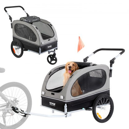 Dog Bike Trailer, Supports up to 88 lbs, 2-in-1 Pet Stroller Cart Bicycle Carrier, Easy Folding Cart Frame with Quick Release Wheels, Universal Bicycle Coupler, Reflectors, Flag, Black/Gray