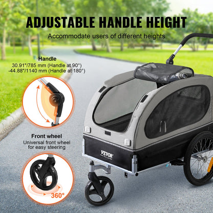 Dog Bike Trailer, Supports up to 88 lbs, 2-in-1 Pet Stroller Cart Bicycle Carrier, Easy Folding Cart Frame with Quick Release Wheels, Universal Bicycle Coupler, Reflectors, Flag, Black/Gray