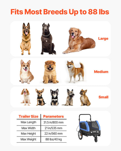 Hundcykelkärra, Stöder upp till 40 kg, 2-i-1-vagn för små och stora hundar, Lättfällbar ram med snabbkopplingshjul, Universal cykelkoppling, Inbyggt koppel