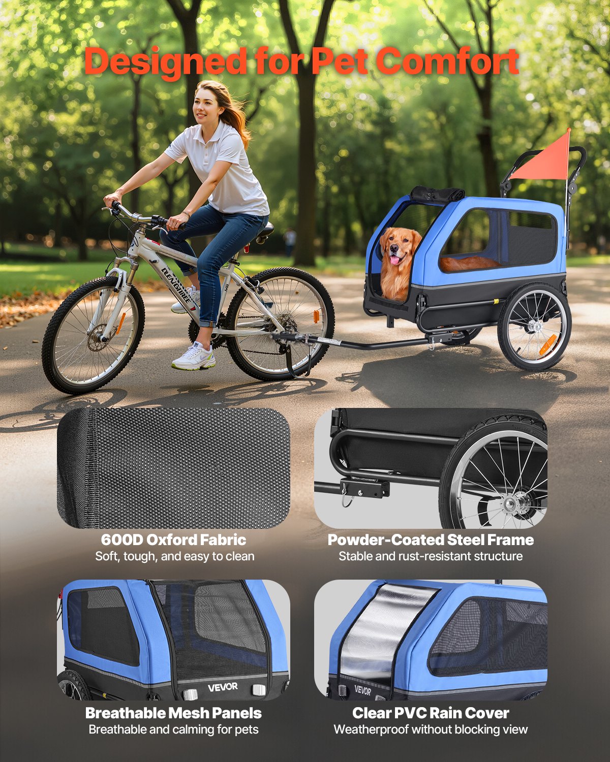 Hundcykelkärra, Stöder upp till 40 kg, 2-i-1-vagn för små och stora hundar, Lättfällbar ram med snabbkopplingshjul, Universal cykelkoppling, Inbyggt koppel