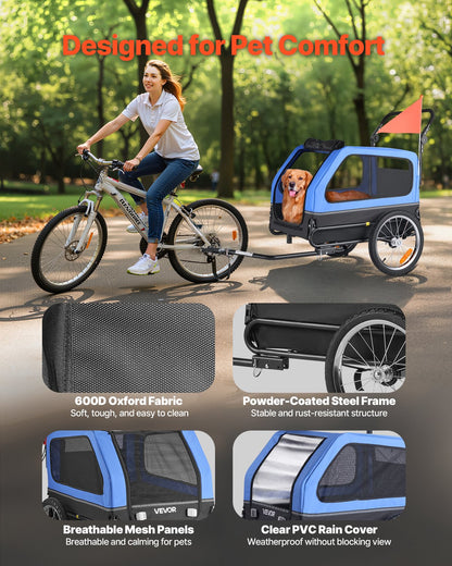 Hundcykelkärra, Stöder upp till 40 kg, 2-i-1-vagn för små och stora hundar, Lättfällbar ram med snabbkopplingshjul, Universal cykelkoppling, Inbyggt koppel