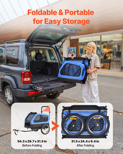 Hundcykelkärra, Stöder upp till 40 kg, 2-i-1-vagn för små och stora hundar, Lättfällbar ram med snabbkopplingshjul, Universal cykelkoppling, Inbyggt koppel