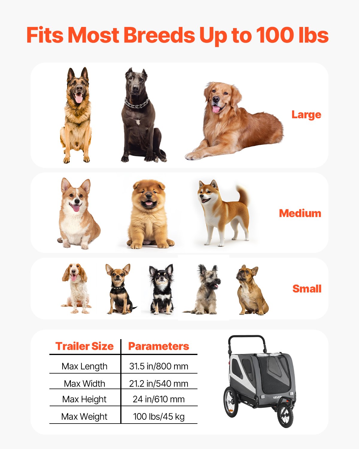 Dog Bike Trailer, Supports up to 45 kg, 2-in-1 Pet Stroller Cart Bicycle Carrier for Small & Large Dogs, Easy Folding Frame with Quick Release Wheel, Universal Bicycle Coupler, Internal Leash