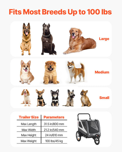 Dog Bike Trailer, Supports up to 45 kg, 2-in-1 Pet Stroller Cart Bicycle Carrier for Small & Large Dogs, Easy Folding Frame with Quick Release Wheel, Universal Bicycle Coupler, Internal Leash