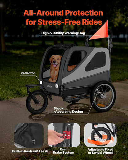 Dog Bike Trailer, Supports up to 45 kg, 2-in-1 Pet Stroller Cart Bicycle Carrier for Small & Large Dogs, Easy Folding Frame with Quick Release Wheel, Universal Bicycle Coupler, Internal Leash