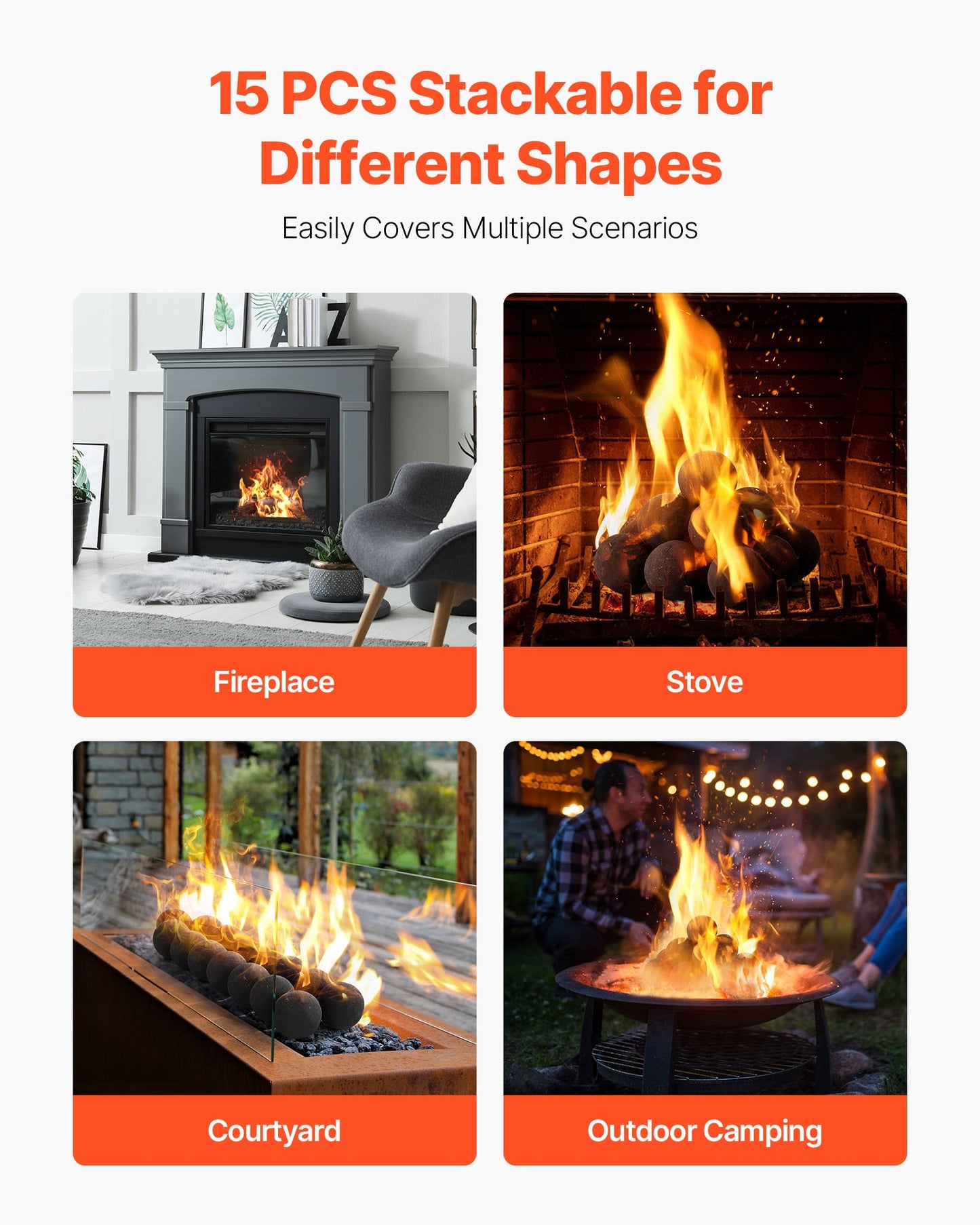 Ceramic Fire Balls, 76 mm 15 Pcs Round Fire Stones, Reusable Lava Rocks Indoor and Outdoor Use, Decorative Fire Pit Rocks for Propane/Gas Fireplace, Stove, Courtyard, Camping, Black