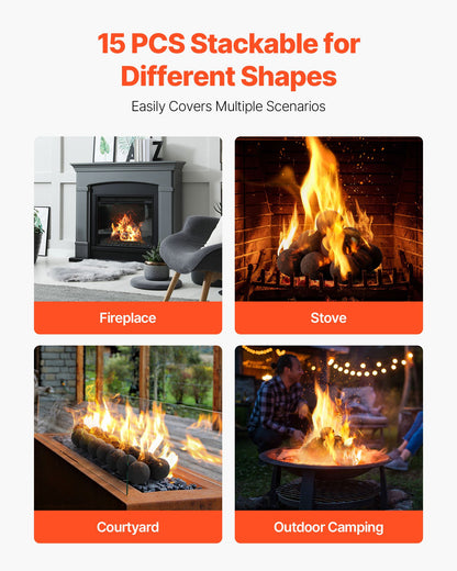 Ceramic Fire Balls, 76 mm 15 Pcs Round Fire Stones, Reusable Lava Rocks Indoor and Outdoor Use, Decorative Fire Pit Rocks for Propane/Gas Fireplace, Stove, Courtyard, Camping, Black