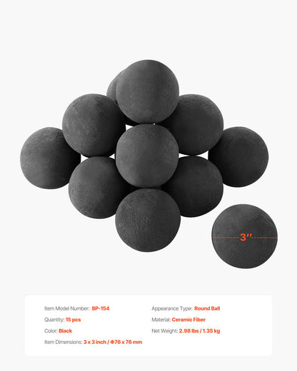 Ceramic Fire Balls, 76 mm 15 Pcs Round Fire Stones, Reusable Lava Rocks Indoor and Outdoor Use, Decorative Fire Pit Rocks for Propane/Gas Fireplace, Stove, Courtyard, Camping, Black