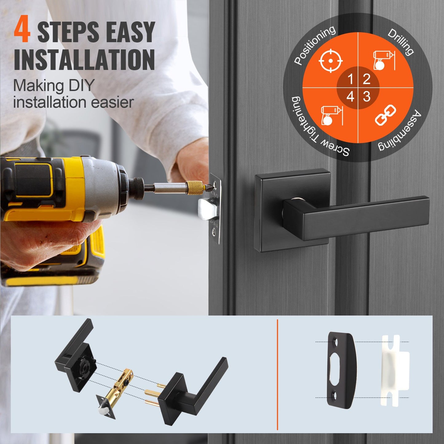 Dörrhandtag för passage, 1-pack mattsvart dörrhandtag, vänster- eller högerhängd vändbar handtag, icke-låsande, 45° rotation för öppning, universal fyrkantig insida för hallar, garderober, mötesutrymmen