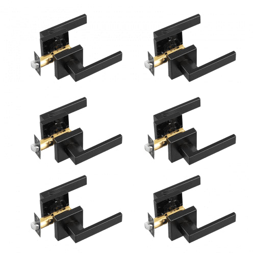 Dörrhandtag för passage, 6-pack mattsvart dörrhandtag, vänster- eller högerhängd vändbar handtag, icke-låsande, 45° rotation för öppning, universell fyrkantig insida för hallar, garderober, mötesutrymmen