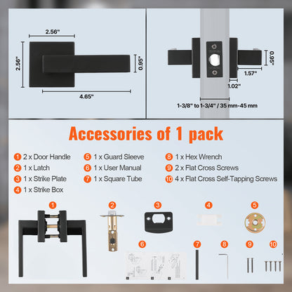 Dörrhandtag för passage, 6-pack mattsvart dörrhandtag, vänster- eller högerhängd vändbar handtag, icke-låsande, 45° rotation för öppning, universell fyrkantig insida för hallar, garderober, mötesutrymmen