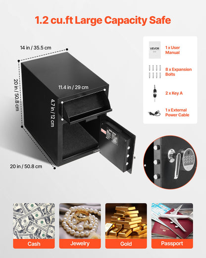 1.2 Cubic Feet Drop Safe, Large Capacity Front Drop Slot Safe Box with Digital Keypad, Heavy Duty 2 Tiers Cash Depository Box with Spare Keys for Cash, Bank Slip, Jewelry, Document, Bill, Black