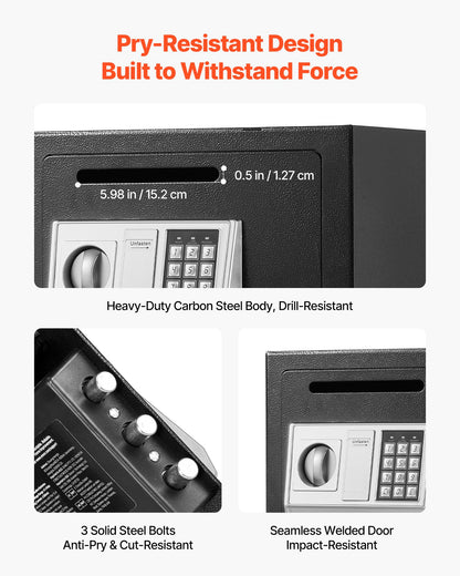 0.6 Cubic Feet Drop Safe, Drop Slot Safe Box with Password and Turn Knob, Heavy Duty Compact Cash Depository Box with a Front Lock Slot for Cash, Bank Slips, Jewelry, Documents, Bills, Black