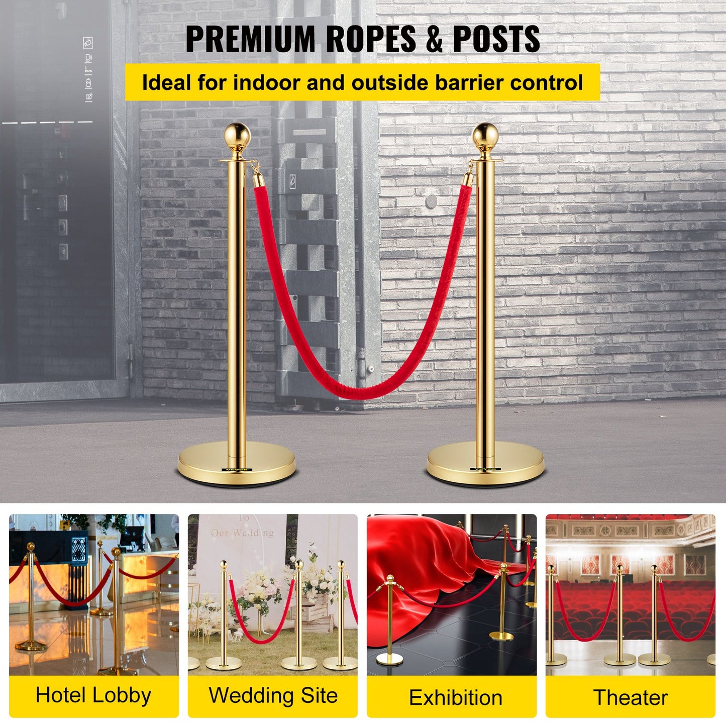 Velvet Ropes and Posts, 5 ft/1.5 m Red Rope, Stainless Steel Gold Stanchion with Ball Top, Red Crowd Control Barrier Used for Theaters, Party, Wedding, Exhibition, Ticket Offices 4 packSets