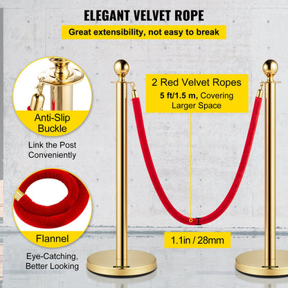 Velvet Ropes and Posts, 5 ft/1.5 m Red Rope, Stainless Steel Gold Stanchion with Ball Top, Red Crowd Control Barrier Used for Theaters, Party, Wedding, Exhibition, Ticket Offices 4 packSets