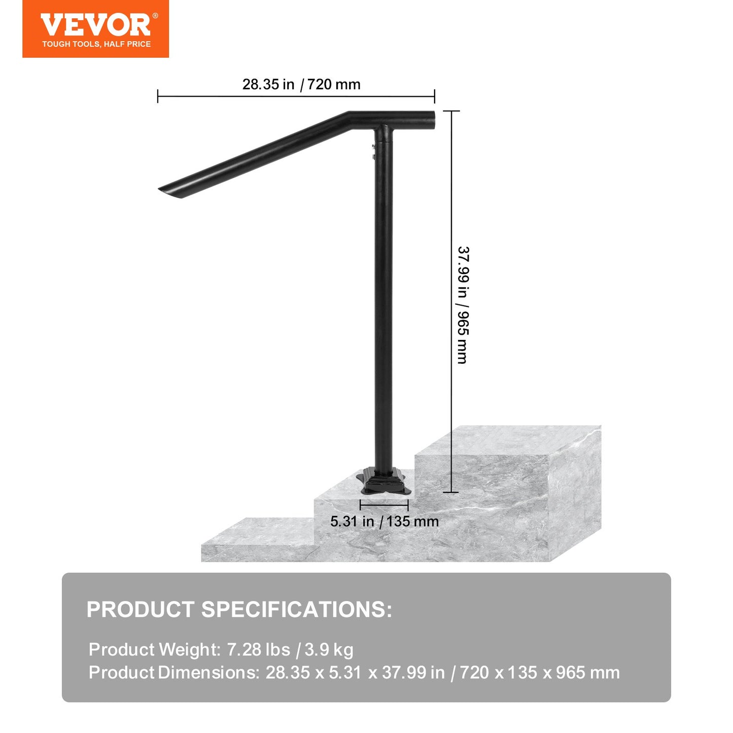 Ledstång, 1-3 steg svart stålräcke för trappor 330 kg kapacitet Trappledstång baklackerad metallledstång för trappor snygga ledstänger för utomhustrappor med expansionsbultar och borr