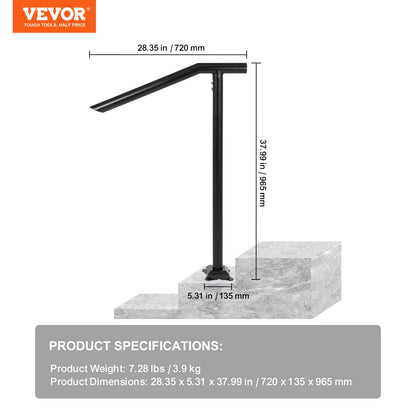 Ledstång, 1-3 steg svart stålräcke för trappor 330 kg kapacitet Trappledstång baklackerad metallledstång för trappor snygga ledstänger för utomhustrappor med expansionsbultar och borr