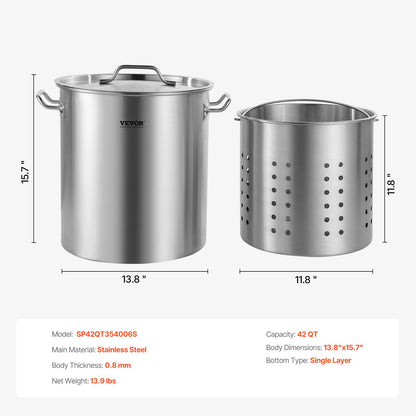 Stainless Steel Stockpot, 42 Quart Large Cooking Pots, Cookware Sauce Pot with Basket, Lid, and Handle, Heavy Duty Commercial Grade Stock Pot, Sanding Treatment, for Large Groups Events Silver
