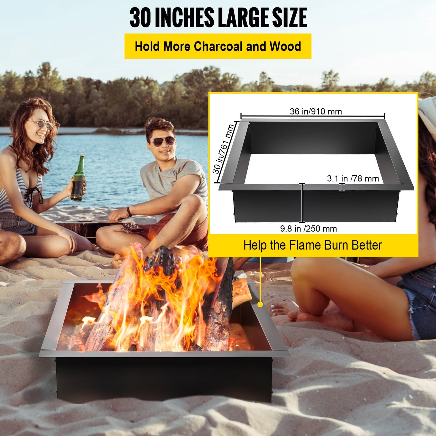 Eldgropsring, eldgropinsats med ytterdiameter 36 tum/innerdiameter 30 tum, eldring med tång, gör-det-själv-stålring och markeldgropsfoder för utomhusbruk, uteplats och bakgård