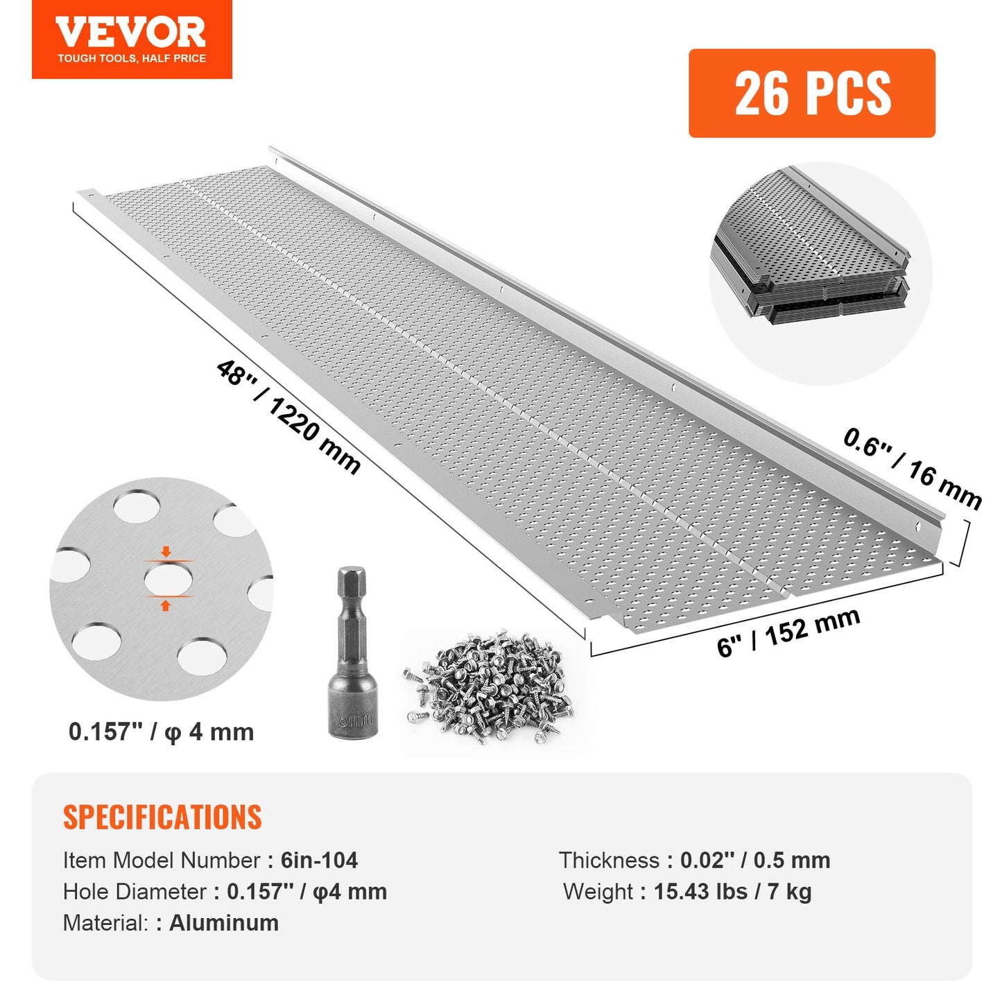 Gutter Guard, 152mm Width, Aluminum Leaf Filter DIY Gutter Cover, 26 PCS 264cm Total Length, 4mm Hole Diameter & 0.5mm Thick Raptor Gutter Guards Fits Any Roof or Gutter Type