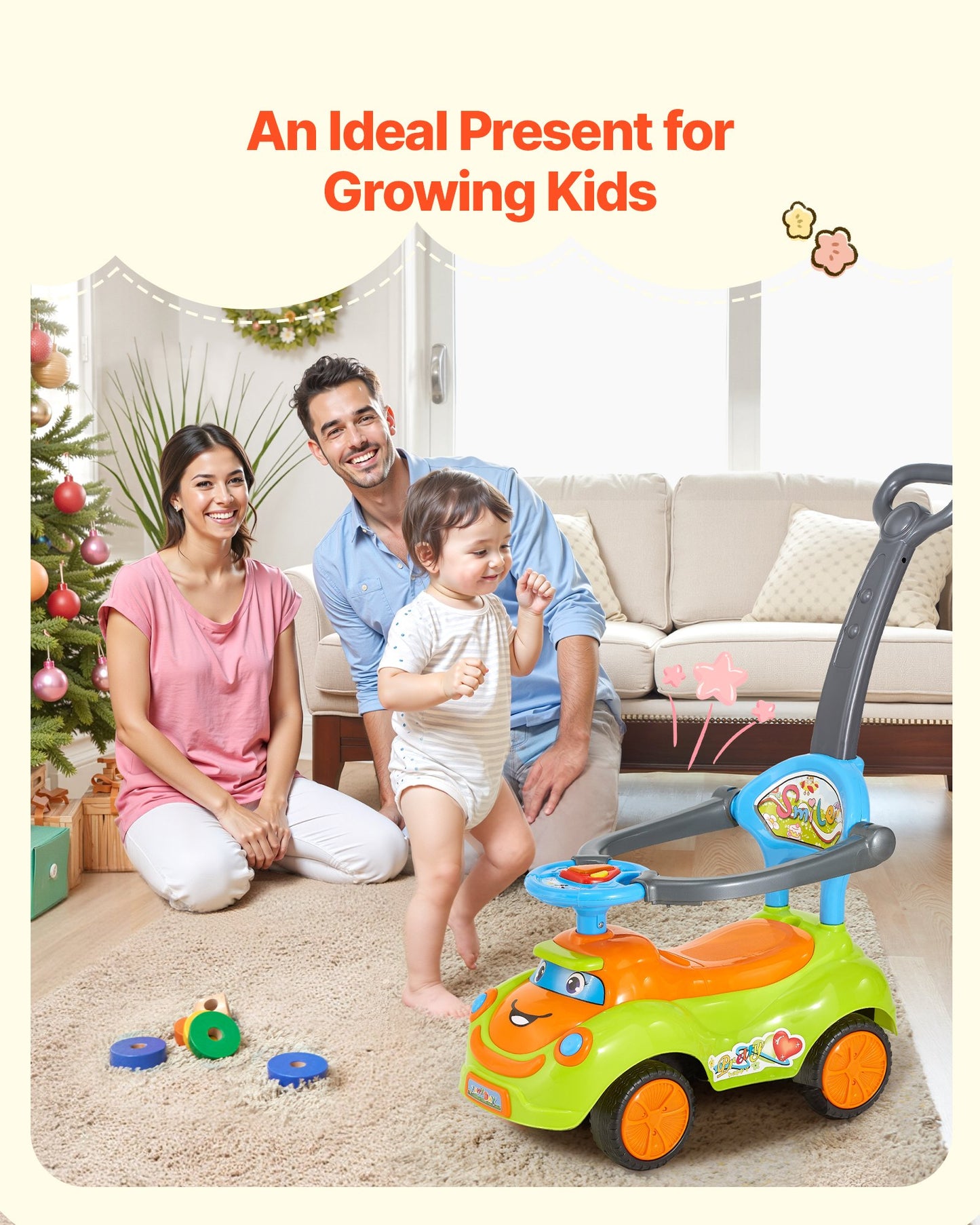 Ride On Push Car, Push Car for Toddler 19 to 36 Months, Around Buggy with Guardrails, Handle & Under-seat Storage, 25 kg Load Capacity, Foot-to-Floor Walker for Boys Girls, Green