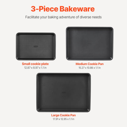 Baking Pans Set, 3-Piece, Nonstick Carbon Steel Cookware Sheets & Trays, Stackable Kitchen Oven Bakeware Cooking Sets with Silicone Handles, Easy to Clean, for Baking Cookie Cake Muffin Bread