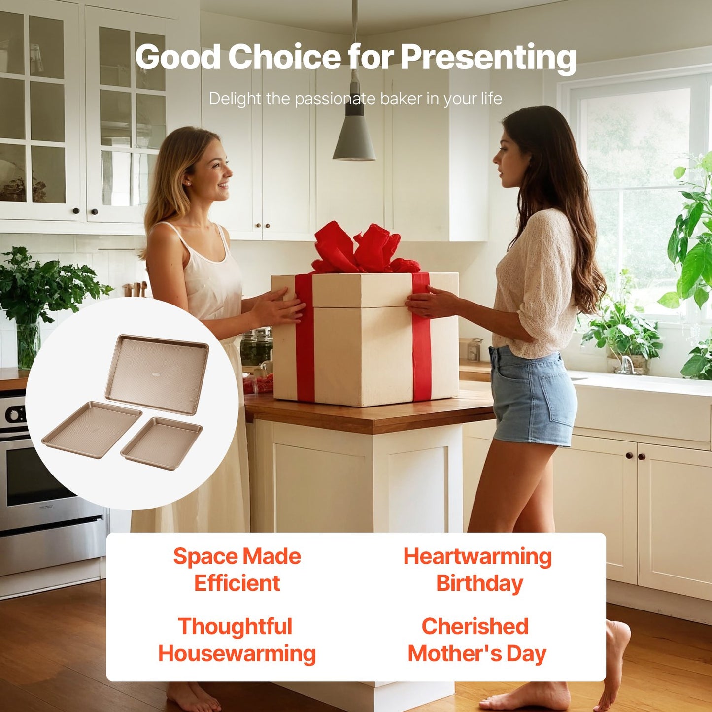 Baking Pans Set, 3-Piece, Nonstick Carbon Steel Cookware Sheets & Trays, Stackable Kitchen Oven Bakeware Cooking Sets with Silicone Handles, Easy to Clean, for Baking Cookie Cake Muffin Bread