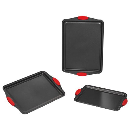 Baking Pans Set, 3-Piece, Nonstick Carbon Steel Cookware Sheets & Trays, Stackable Kitchen Oven Bakeware Cooking Sets with Silicone Handles, Easy to Clean, for Baking Cookie Cake Muffin Bread
