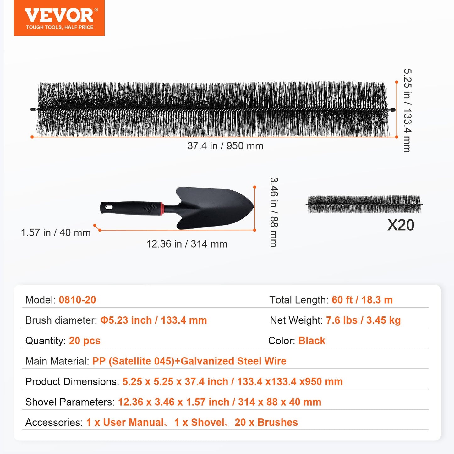 Rännborste, 60 fot total längd 5,25 tum diameter rännrengöringsverktyg, marknivå rännborste lövskydd för 5 tum hängrännor, enkelt att ta bort löv och skräp från taket, 20-pack
