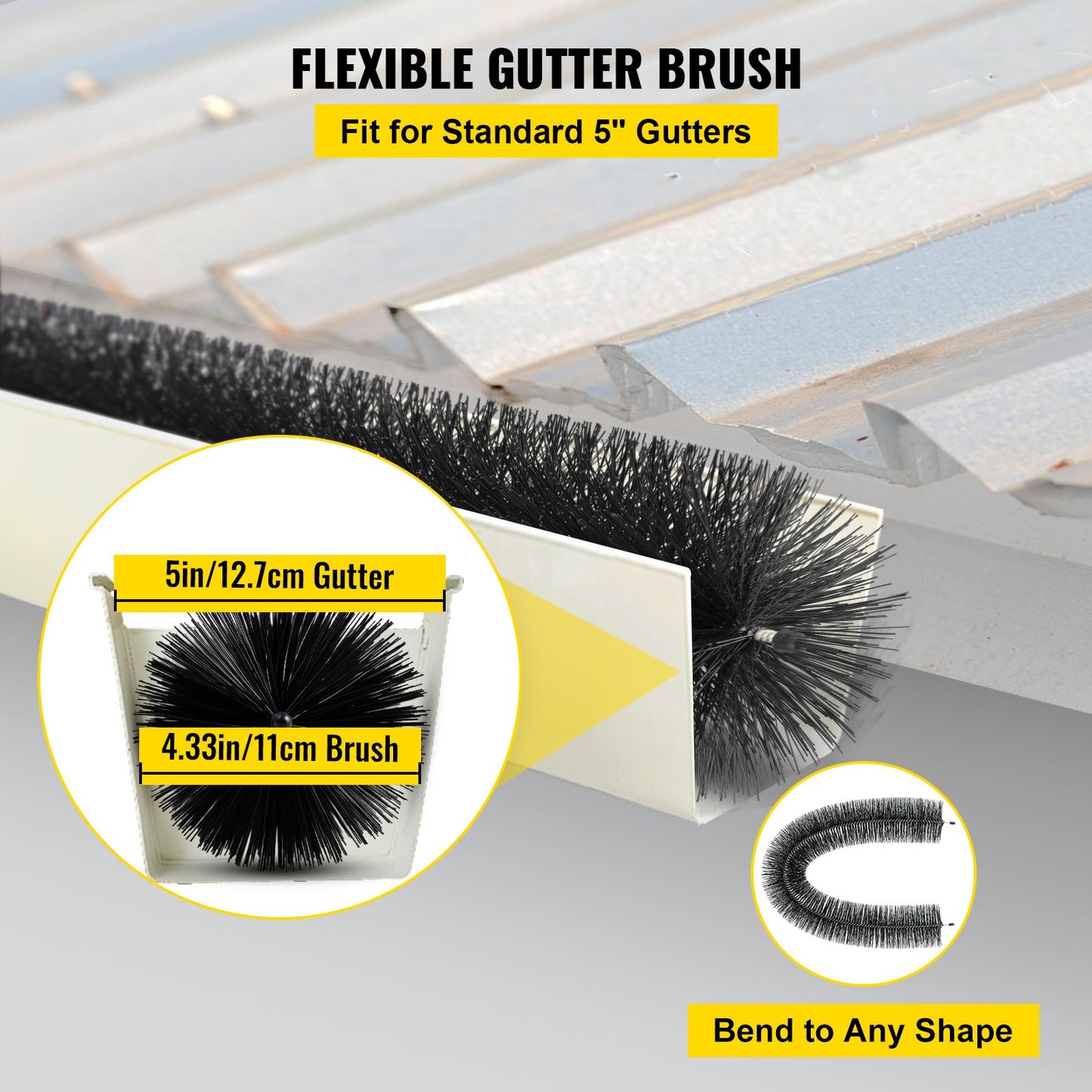 Gutter Guard Brush With 120 FT Length Bristle, 4.33\" Dia. Gutter Brush Leaf Guard Fit for 5 Inches Gutter, Galvanized Steel Wire Gutter Brush, No Tools, DIY Gutter Leaf Guard for Keep out Debri
