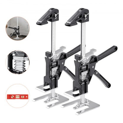 Arbetsbesparande domkraft, 2 st 150 kg bärkapacitet, lyft upp till 180 mm, handlyftverktyg i metall med magnetisk vattenpass, justerbar höjd, för dörr, fönster, möbler, träbearbetning, svart