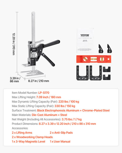 Arbetsbesparande domkraft, 2 st 150 kg bärkapacitet, lyft upp till 180 mm, handlyftverktyg i metall med magnetisk vattenpass, justerbar höjd, för dörr, fönster, möbler, träbearbetning, svart