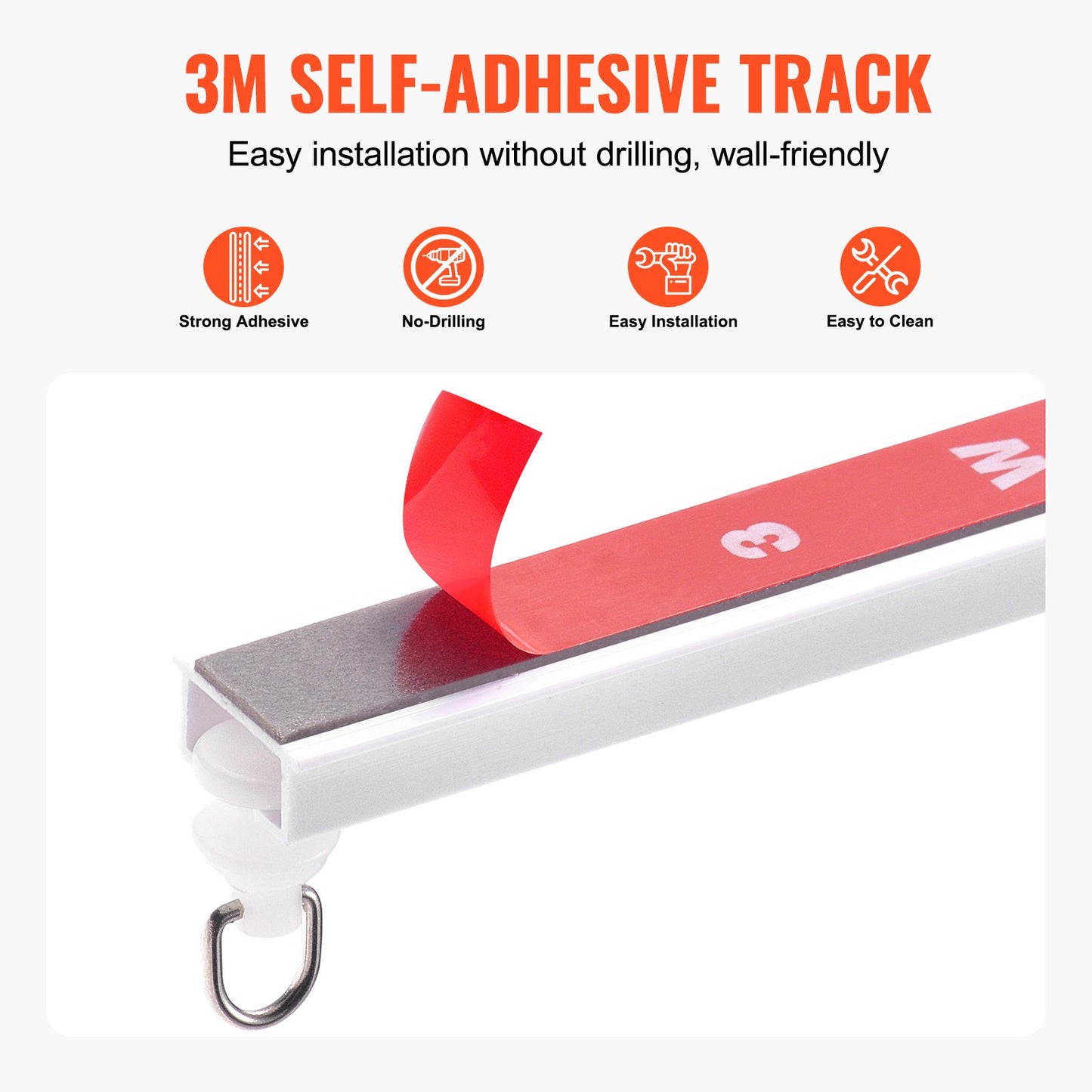 Gardinskenor för takmontering, 3 meter, självhäftande, borrfritt takskensystem för gardiner, rumsavdelare, takmonterad för vardagsrum med krokar och beslag, vit