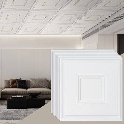 Ceiling Tiles, 12-Pack 24 x 24 in, Drop Ceiling Tiles Premium PVC Sheet, Easy Installation/ Cutting Plastic Glue-up Ceiling Tile, Ceiling Covering for Home/Office Decoration, White Geometric