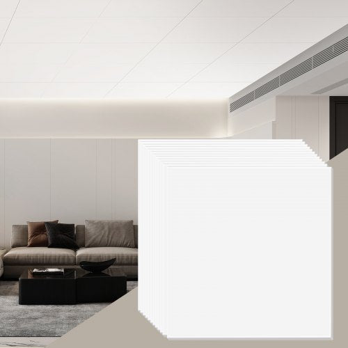 Takplattor, 12-pack 24 x 24 tum, Nedsänkta takplattor av premium PVC-skumskiva, brandklassade och god flexibilitet och enkel installation, takbeklädnad för hem-/kontorsdekoration, slät vit
