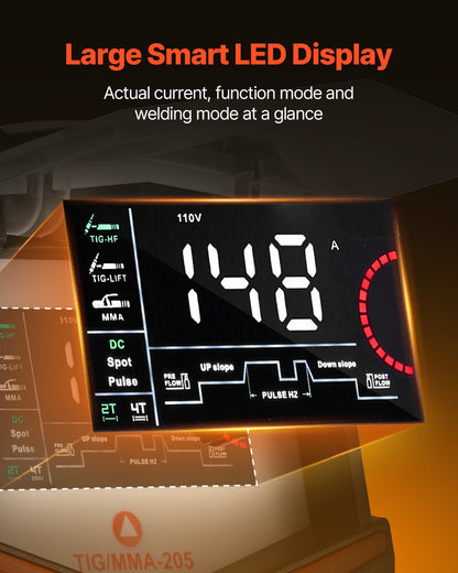 TIG Welder, 205A 3-In-1 Welding Machine (Large LED Display)- DC TIG/DC Pulse TIG/MMA(Stick), Electric Welder with IGBT Inverter High-Frequency Start