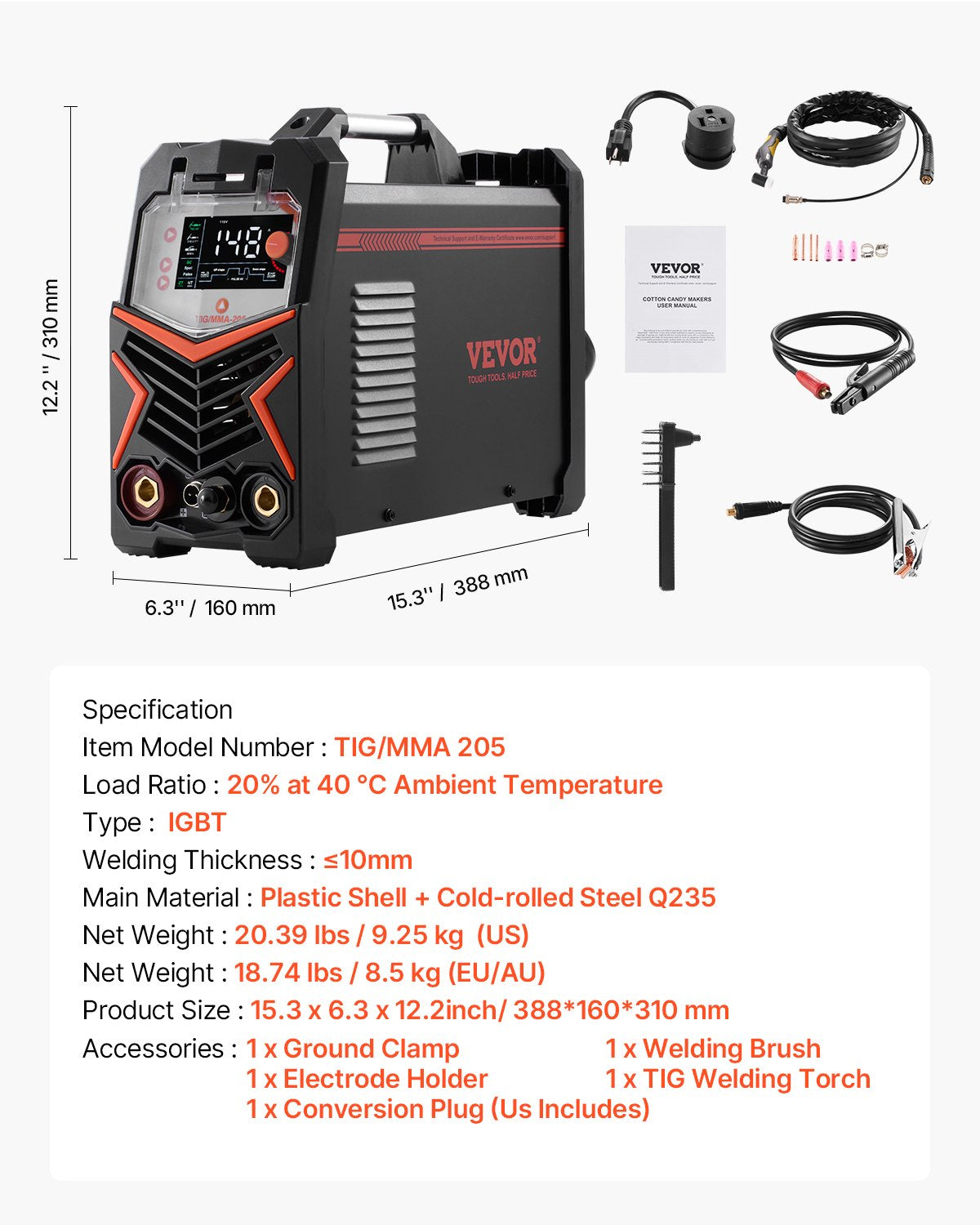 TIG Welder, 205A 3-In-1 Welding Machine (Large LED Display)- DC TIG/DC Pulse TIG/MMA(Stick), Electric Welder with IGBT Inverter High-Frequency Start
