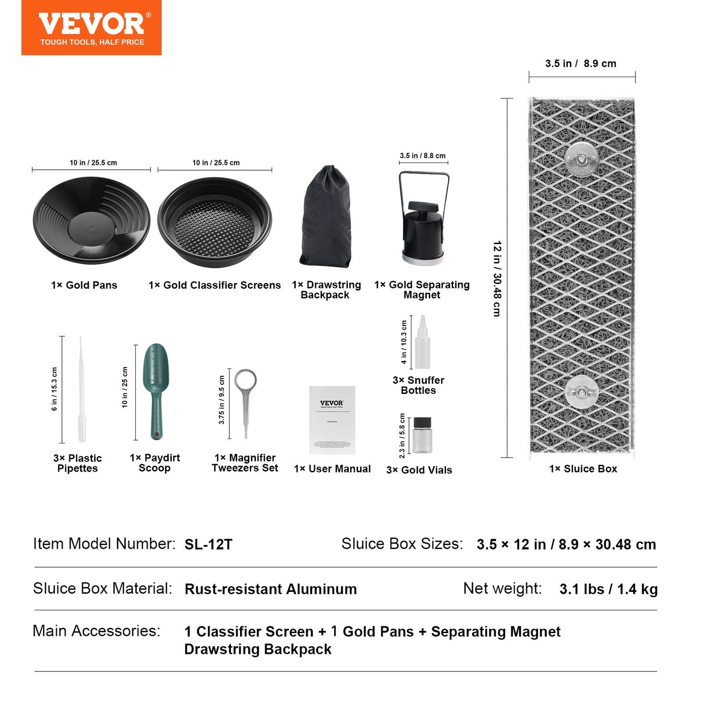 Gold Panning Kit With Mini Sluice Box, 12" Aluminum Gold Mining Equipment, 16 PCS Gold Prospecting Kit with Gold Pan, Classifier Screen, Separating Magnet, Drawstring Backpack and Accessories