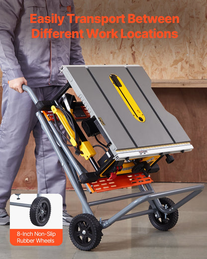 Bärbart bordssågstativ, 159 kg/350 lbs lastkapacitet, rullande hopfällbart bordssågbord med 203 mm/8 tum gummihjul, kraftig konstruktion, enkel förvaring, universal för de flesta märken av bordssågar