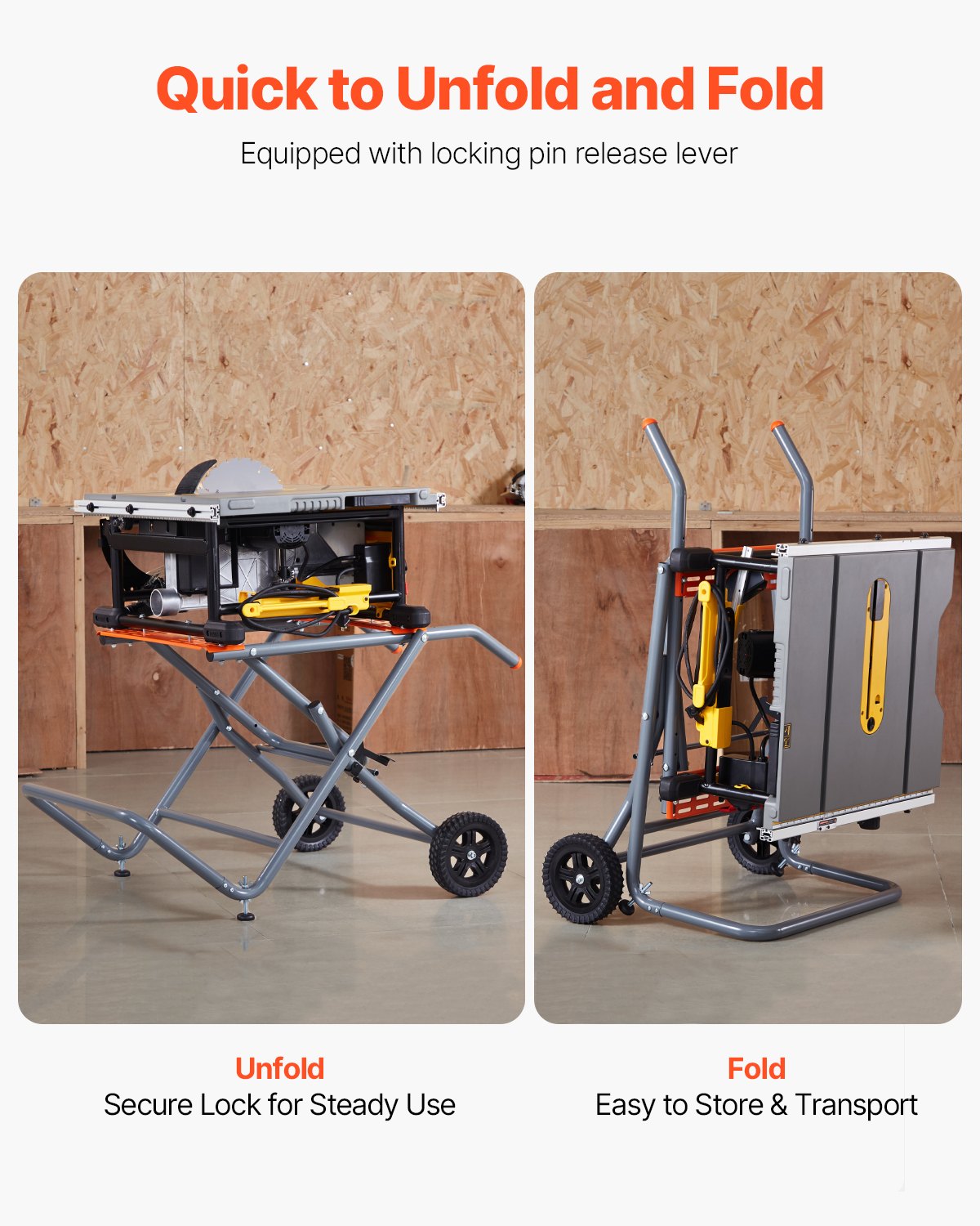 Bärbart bordssågstativ, 159 kg/350 lbs lastkapacitet, rullande hopfällbart bordssågbord med 203 mm/8 tum gummihjul, kraftig konstruktion, enkel förvaring, universal för de flesta märken av bordssågar