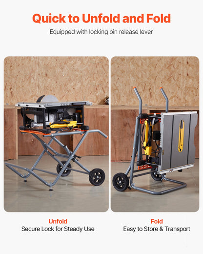 Bärbart bordssågstativ, 159 kg/350 lbs lastkapacitet, rullande hopfällbart bordssågbord med 203 mm/8 tum gummihjul, kraftig konstruktion, enkel förvaring, universal för de flesta märken av bordssågar